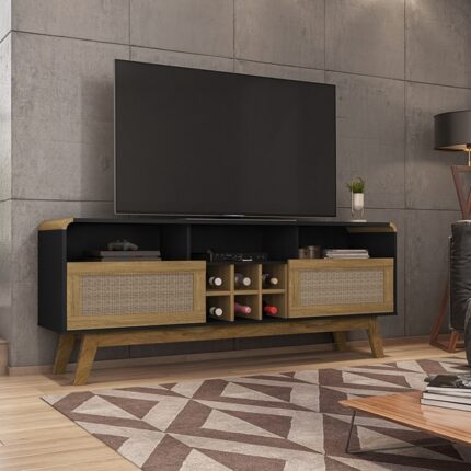 Rack Larimar Preto Fosco/cinamomo/rattan – Bechara Móveis