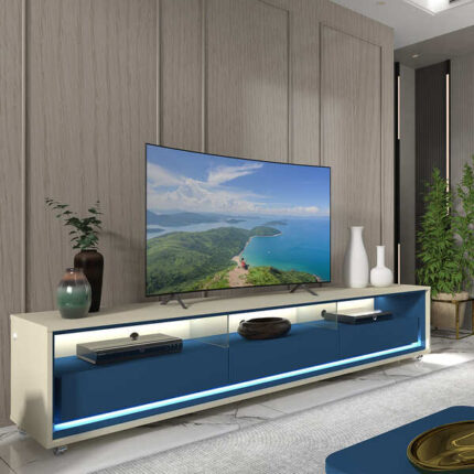 Rack Para Tv Requinte 212 Com Led Rodízios Off White Azul Royal - Gelius